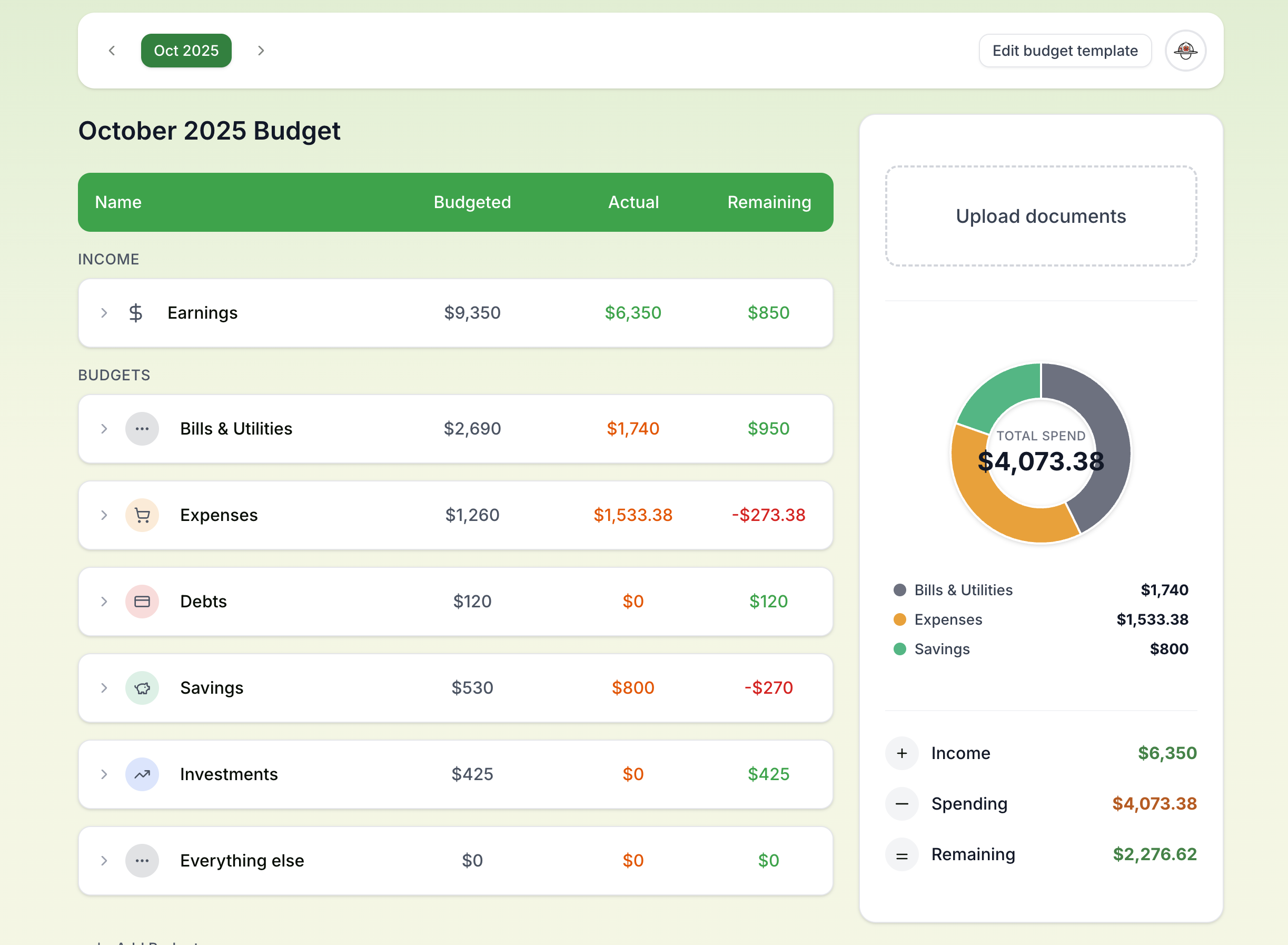 WalletHawaii Budget Tracker Interface - October 2025 Budget Overview